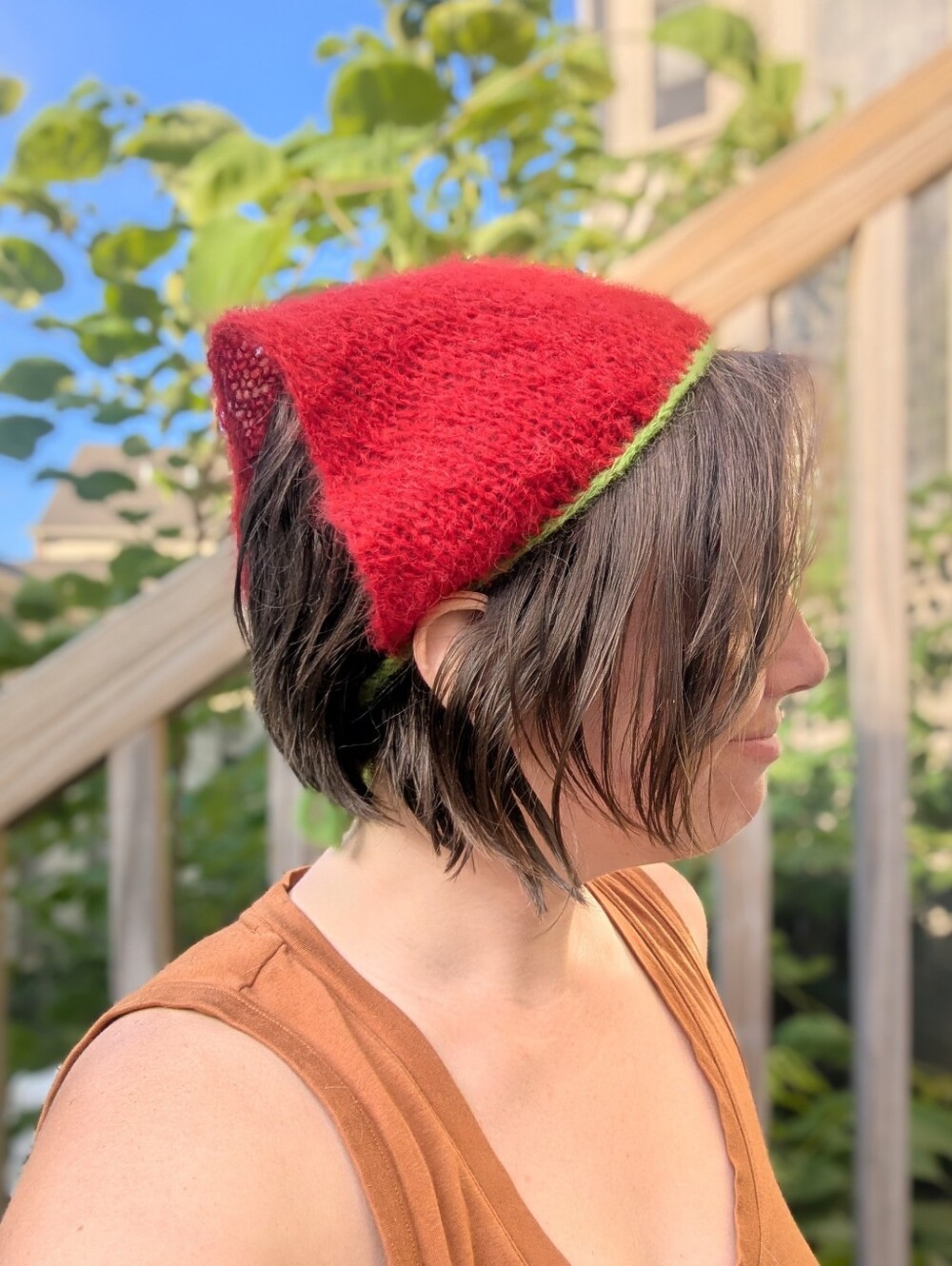 Handknit Red & Lime bandana/Kerchief